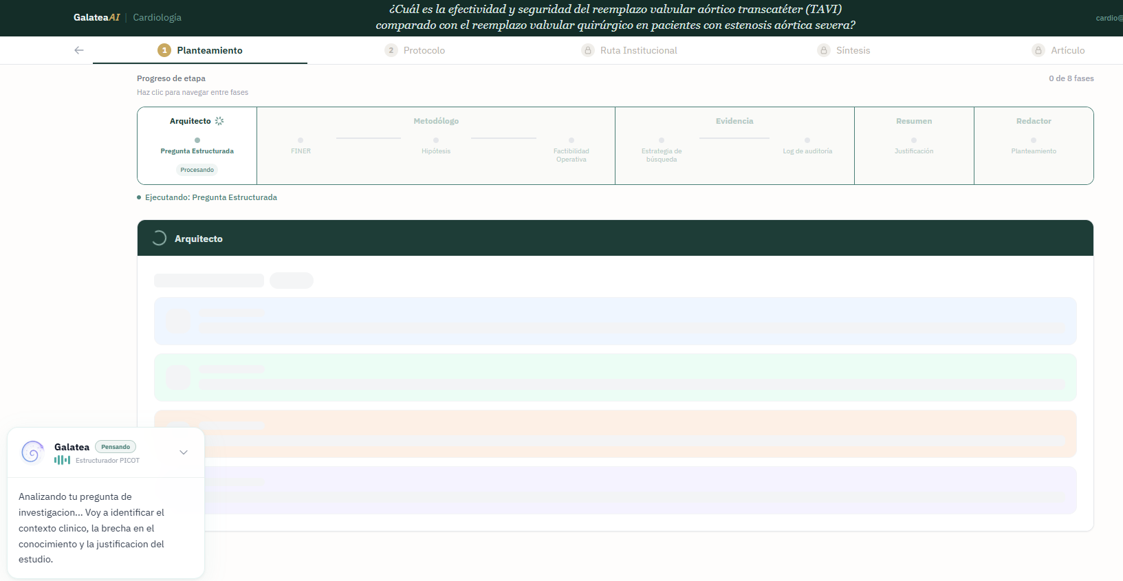 Plataforma Galatea AI: pipeline de agentes estructurando una revisión sistemática (pregunta PICOT)
